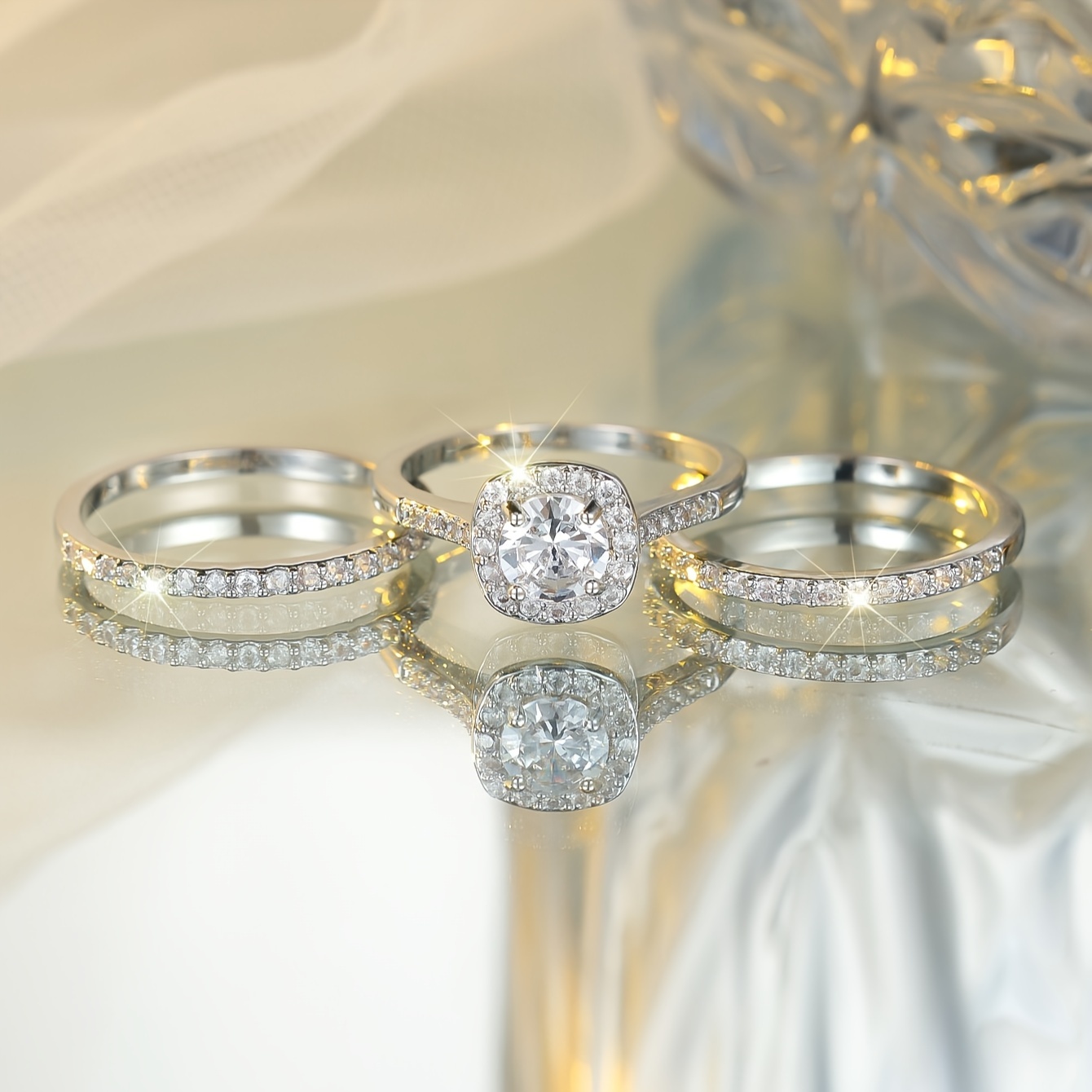 Women's Luxurious Square Synthetic Zirconia Ring Set for Three
